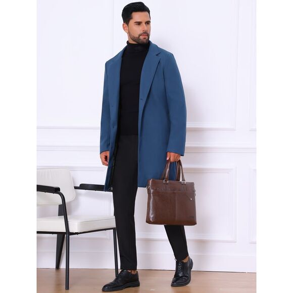 Trench Coat Winter Notched Lapel Single Breasted Long Overcoat Dark Blue - Picture 4 of 6